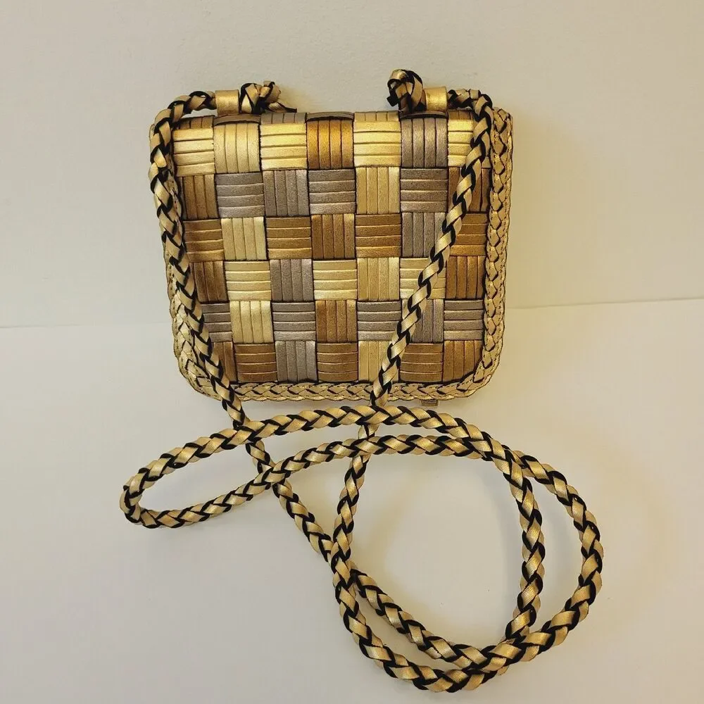 CEM Woven Leather Metallic Crossbody Bag Gold Bronze Small Braided Strap Vintage